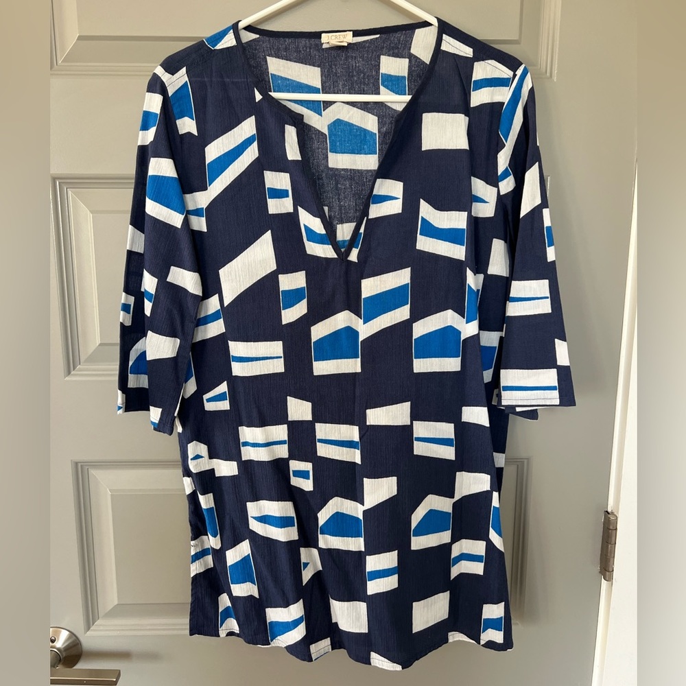 J. Crew Blue White Top 3/4 Sleeve Pullover Deep V-Tunic Size Small Petite